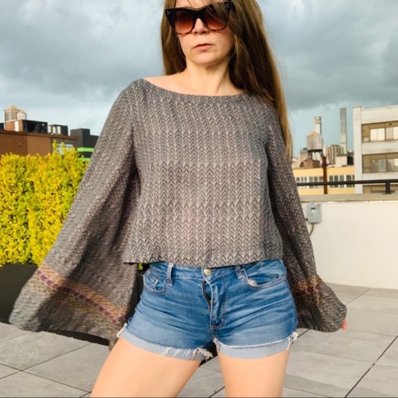 Free People Geometric Abstract Chevron Boatneck Statement Flare Bell Sleeve Top - Picture 7 of 16